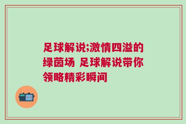 足球解說;激情四溢的綠茵場 足球解說帶你領略精彩瞬間
