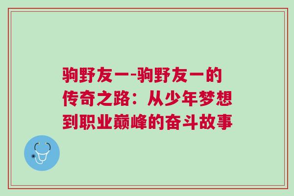 駒野友一-駒野友一的傳奇之路：從少年夢想到職業(yè)巔峰的奮斗故事