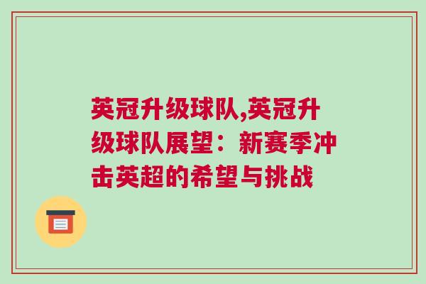 英冠升級球隊,英冠升級球隊展望：新賽季沖擊英超的希望與挑戰(zhàn)
