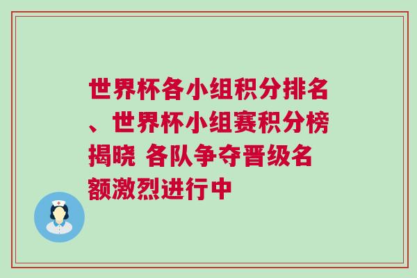世界杯各小組積分排名、世界杯小組賽積分榜揭曉 各隊(duì)爭奪晉級名額激烈進(jìn)行中