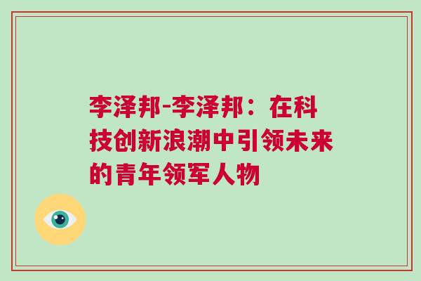 李澤邦-李澤邦：在科技創(chuàng)新浪潮中引領(lǐng)未來的青年領(lǐng)軍人物